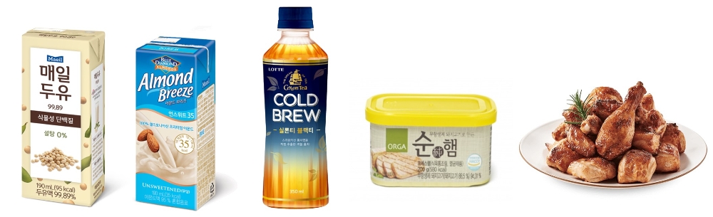 왼쪽부터 매일두유 99.89(구구팔구), 아몬드 브리즈 언스위트, 실론티 콜드브루 블랙티, 올가 순햄, 굽네치킨 오리지널. (사진=매일유업)