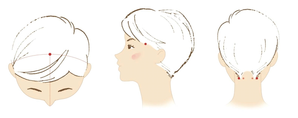 피로 회복, 집중력 향상 등에 좋은 경혈 지압 위치. 왼쪽부터 백회혈, 태양혈, 풍지혈.(사진=자생한방병원)