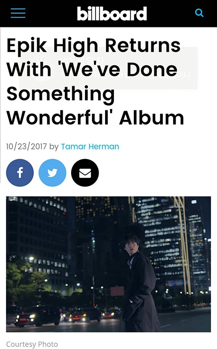美 빌보드 “에픽하이 10년 이상 한국 가요계에서 가장 중요한 팀”