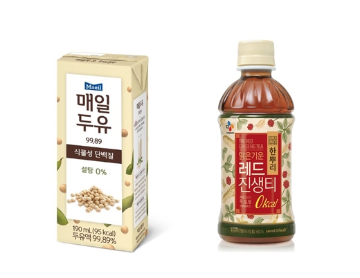 ▲왼쪽부터 매일유업 ‘매일두유99.89’, CJ제일제당 ‘한뿌리레드진생티’