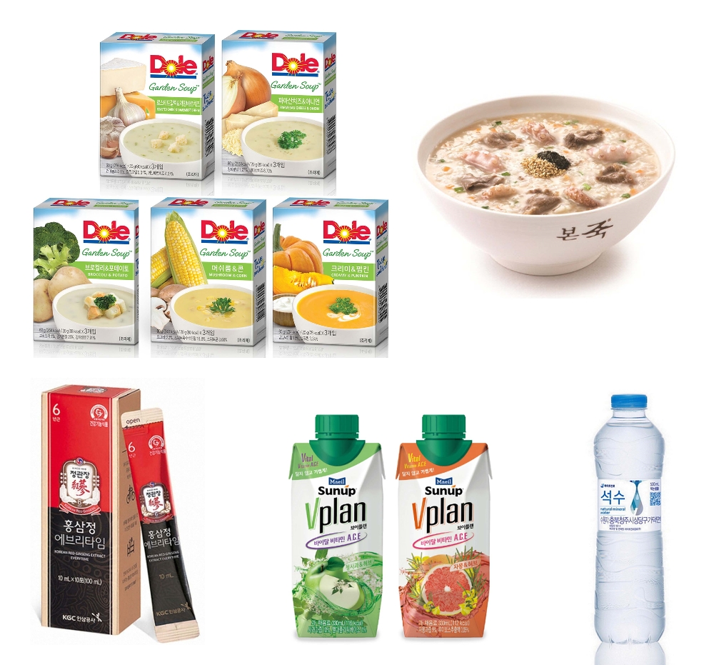 왼쪽위부터 시계방향으로 DOLE(돌), 본죽, 하이트진로음료, 매일유업 썬업, KGC인삼공사 정관장.(사진=돌코리아)