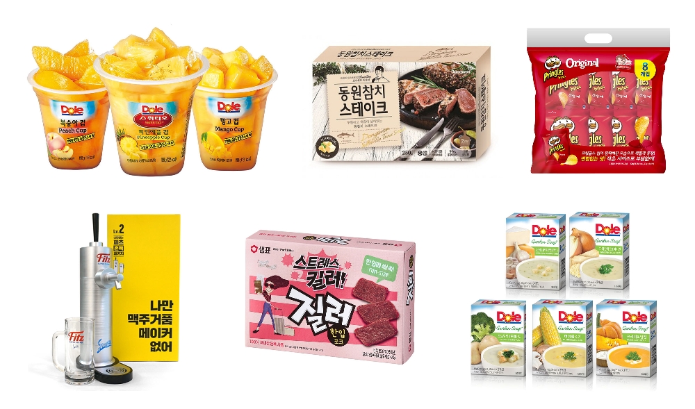 (왼쪽위부터 시계방향으로_DOLE(돌), 동원산업, 프링글스, DOLE(돌), 샘표 질러, 피츠X카카오)