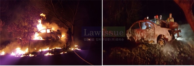 승용차가 가로수 충격후 화재가 발생.(사진=경남지방경찰청)
