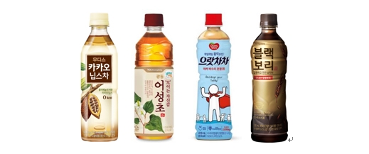 왼쪽부터 일동후디스 ‘후디스 카카오닙스차’, 광동제약 ‘어성초차’, 동원F&B ‘동원 으랏차차’, 하이트진로음료 ‘블랙보리’ (사진=식음료업계 제공)
