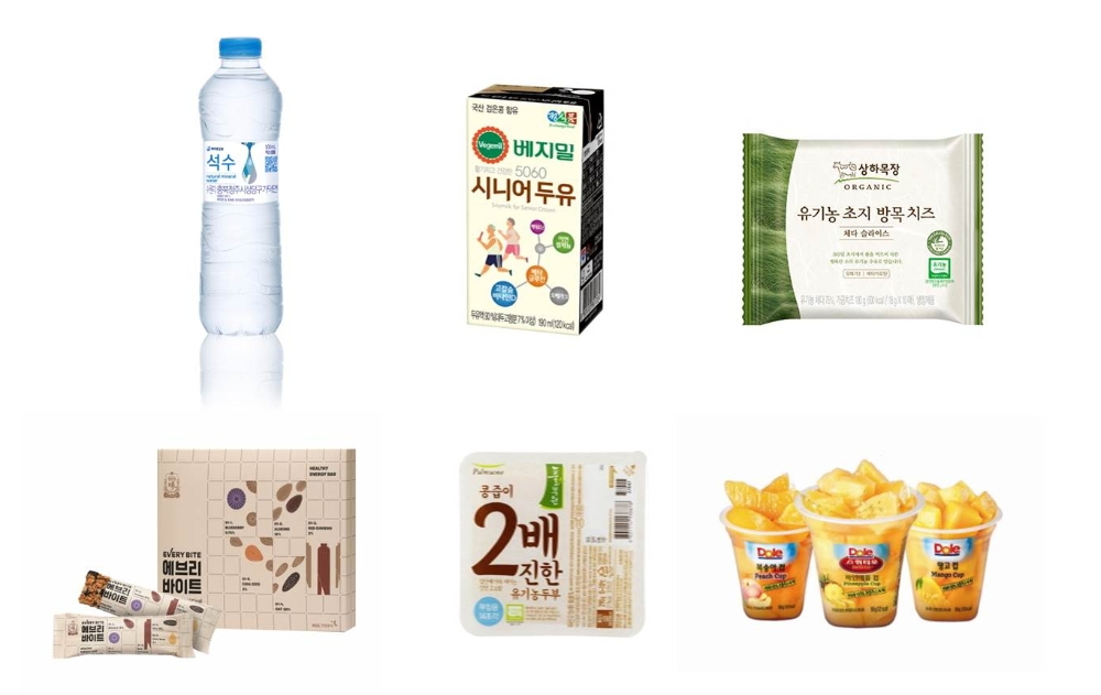 이미지: (왼쪽 위부터 시계방향 순) 하이트진로음료 ‘석수’, 정식품 ‘베지밀 5060 시니어두유’, 매일유업 ‘상하목장 유기농 초지 방목 치즈’, 돌 ‘후룻컵’ 3종, 풀무원 ‘콩즙이 2배 진한 유기농 두부’, 한국인삼공사 ‘에브리 바이트’.(사진=하이트진로음료)
