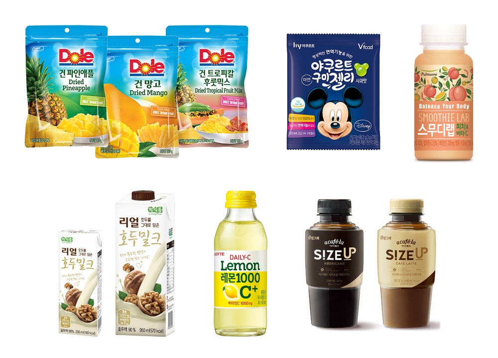 왼쪽위부터 시계방향으로 돌(Dole), 한국야쿠르트, 풀무원건강생활, 빙그레, 롯데칠성음료, 정식품. (사진=돌코리아)