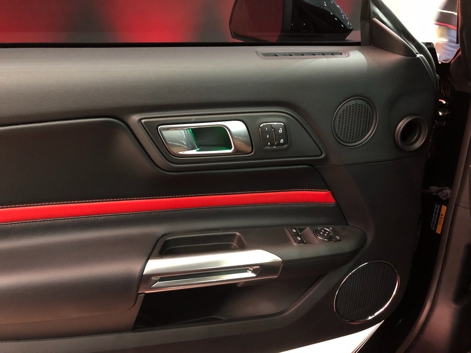 2018 뉴 머스탱 5.0L GT 도어에는 레드 색상의 띠로 포인트를 줬다.(사진=최영록 기자)