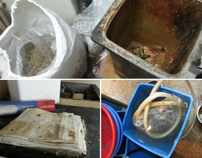 음식물쓰레기통 옆 당면/ 쓰레기통내 해동중인 주꾸미/ 행주위에 묻어있는 쥐똥.(사진제공=부산지방경찰청)