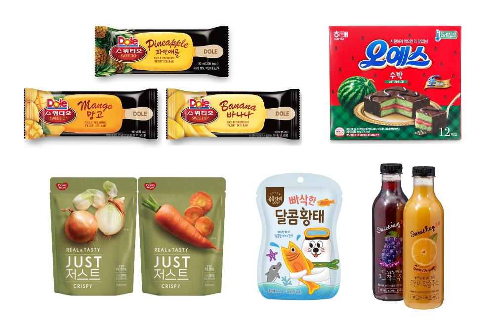 왼쪽위부터 시계방향으로 DOLE(돌), 해태제과, 롯데마트, 복음자리, 동원F&B)