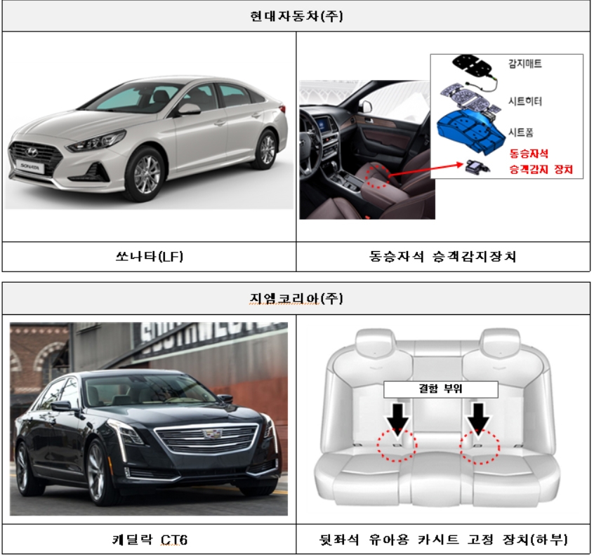 리콜 대상 차량인 LH쏘나타와 캐딜락 CT6.(사진=국토교통부)