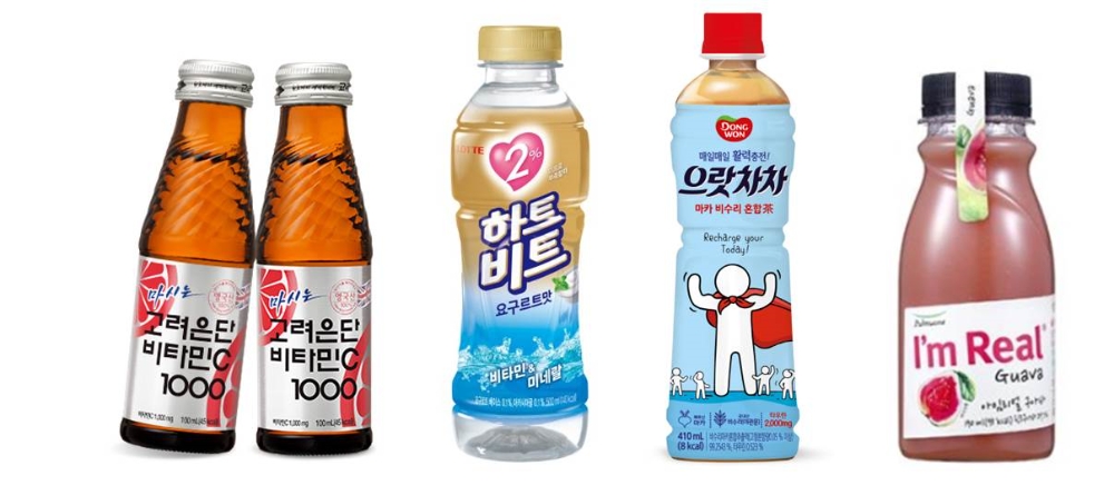 왼쪽부터 고려은단 ‘마시는 고려은단 비타민C 1000’, 롯데칠성 ‘하트비트’, 동원F&B ‘으랏차차’, 풀무원 ‘아임리얼 구아바’ (사진=각사 제공)
