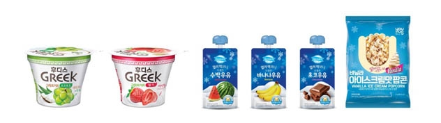 왼쪽부터, 일동후디스 ‘후디스 과일 그릭’, 동원 F&B ‘덴마크 얼려먹으니 더 좋은 우유’, GS25 ‘콘유어스 바닐라 아이스크림맛 팝콘 (사진=각사 제공)