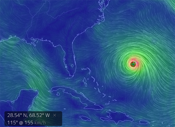 초강력 허리케인, 샬롯 등 남동부 진격...현재 위도 위도 28.1, 경도 68.8 북서진중