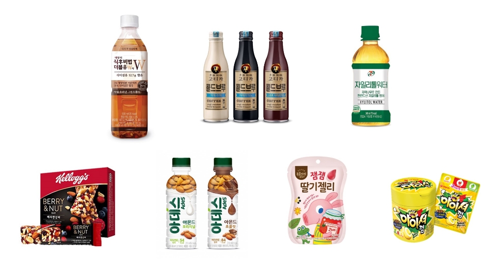 태양의 식후비법 W차, 조지아 고티카 콜드브루, 자일리톨워터, 아이셔껌, 잼잼 딸기 젤리, 아데스, 켈로그 베리앤넛바. (사진=코카콜라)