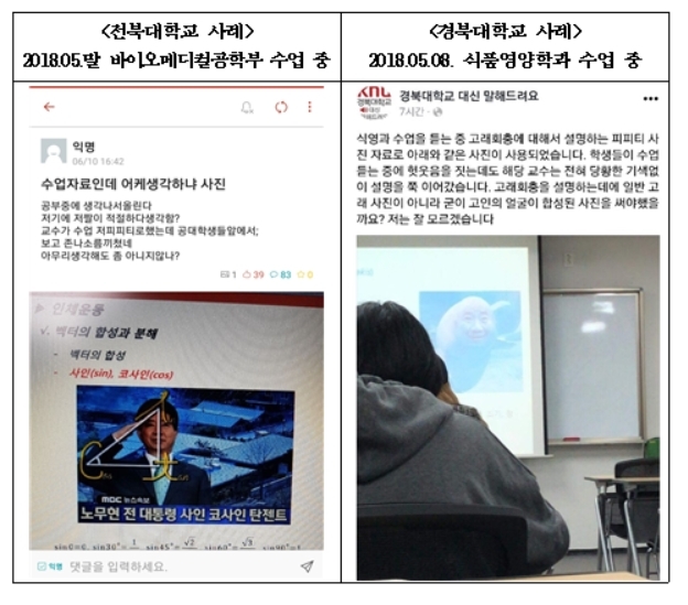 전북대 강의에서 故 노무현 대통령 비하 이미지 쓰여