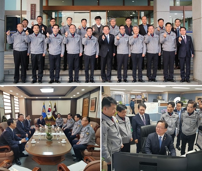 김부겸 행정안전부장관이 2월 14일 경남경찰청을 방문해 업무보고를 받고 격려하고 있다.(사진제공=경남지방경찰청)