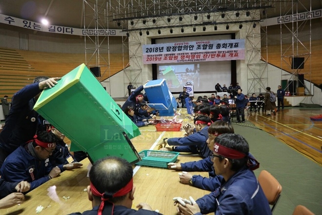 2018년 잠정합의안과 대우인수반대 쟁의행위 개표를 하고 있다.(사진제공=현대중공업지부)