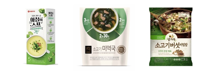 ▲왼쪽부터 서울우유협동조합 ‘아침에스프’ 그린, GS25 ‘유어스소고기미역국’, 풀무원 ‘생가득 소고기 버섯비빔밥’
