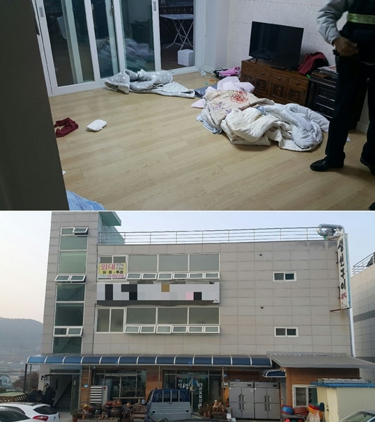 가스중독 사고가 난 방 및 건물외관.(사진제공=부산경찰청)