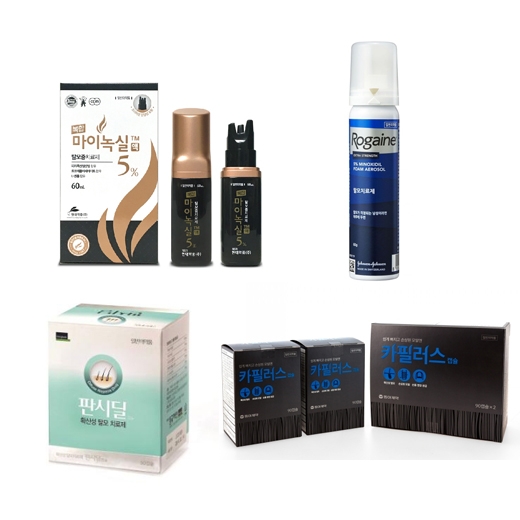 ▲ 왼쪽 위부터 차례로 현대약품 ‘복합마이녹실 5%’, JW신약 ‘로게인폼’ , 동국제약 ‘판시딜’, 동아제약 ‘카필러스’(각사= 제공)