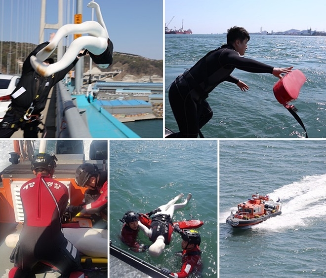 울산대교 해상 일원에서 관계기관 합동 구조훈련을 하고 있다.(사진제공=울산해양경찰서)
