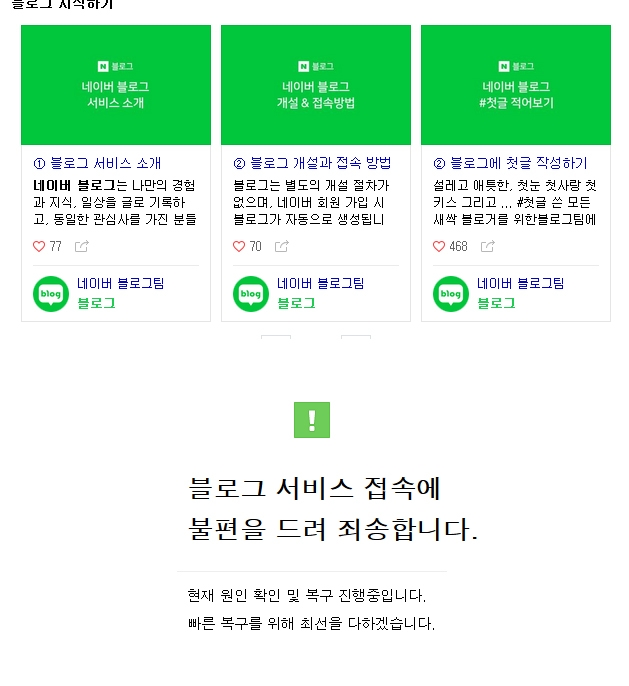 ‘네이버 블로그’를 접속할 시 아무 것도 되지 않는 일이 발생했다 / 출처 웹사이트화면