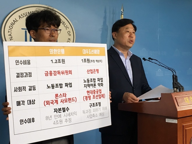 김종훈 국회의원이 6월 17일 국회정론관에서 기자회견을 열어 이동걸 산업은행회장의 책임을 촉구하고 있다.(사진제공=김종훈의원실)