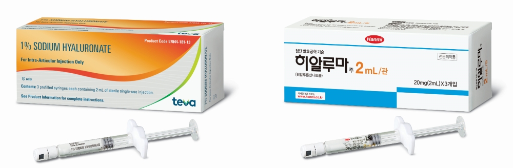 미국(좌)과 한국에서 판매되는 히알루마 패키지.(사진=한미약품)