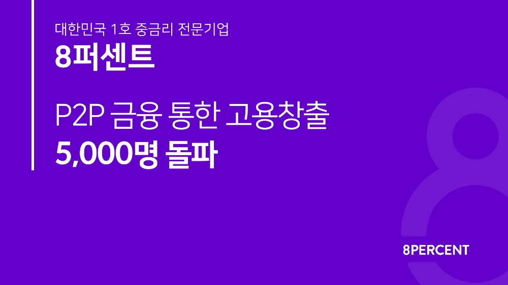 8퍼센트, P2P금융 통한 고용 창출 5천 명 돌파
