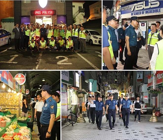 진정무 경남경찰청장이 직접 합동순찰에 참여해 시설점검과 애로사항을 청취하고 있다.(사진제공=경남경찰청)