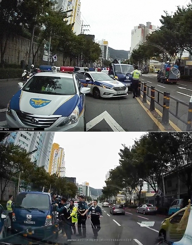 차량절도 피의자를 차량 추격끝에 검거하고 있다.(사진제공=부산경찰청)