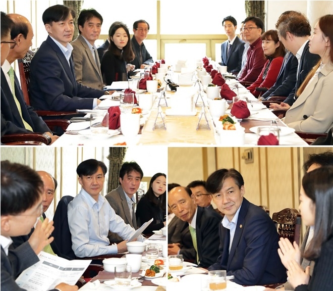 조국 법무부 장관이 10일 정부과천청사에서 열린 ‘법무‧검찰 개혁에 관한 국민제안 간담회’에서 참석자의 의견을 듣고 있다.(사진제공=법무부)