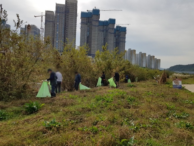 사회봉사대상자들이 각종 쓰레기 부유물을 수거하고 있다.(사진제공=진주준법지원센터)