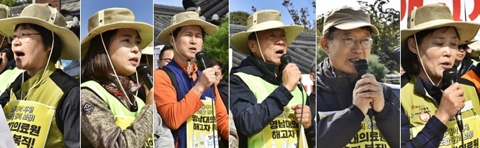 (사진왼쪽부터 발언하는 나순자 보건의료노조 위원장,김진경 보건의료노조 대구경북지역본부장 (영남대의료원지부장), 양동규 민주노총 부위원장, 이길우 민주노총 대구본부장, 이용우 영남학원민주단체협의회 공동대표, 기자회견문 낭독 박정원 보건의료노조 전북지역본부장).(사진제공=보건의료노조)