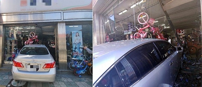 자전거 점포로 돌진한 렉서스차량.(사진제공=부산경찰청)