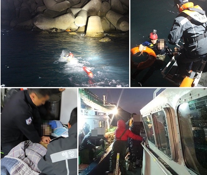익수자 및 응급환자를 구조하고 있다. (사진제공=부산해양경찰서)