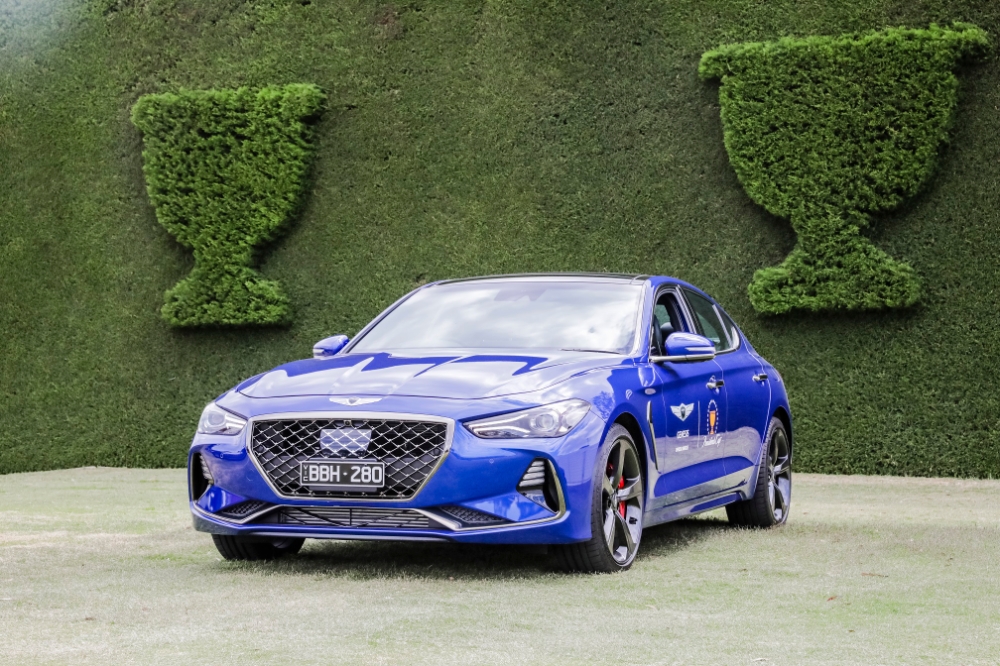 ‘2019 프레지던츠컵’이 진행되고 있는 호주 ‘로얄 멜버른 골프클럽(Royal Melbourne Golf Club)’에 제네시스 ‘G70’이 전시되어 있다.(사진=현대자동차)