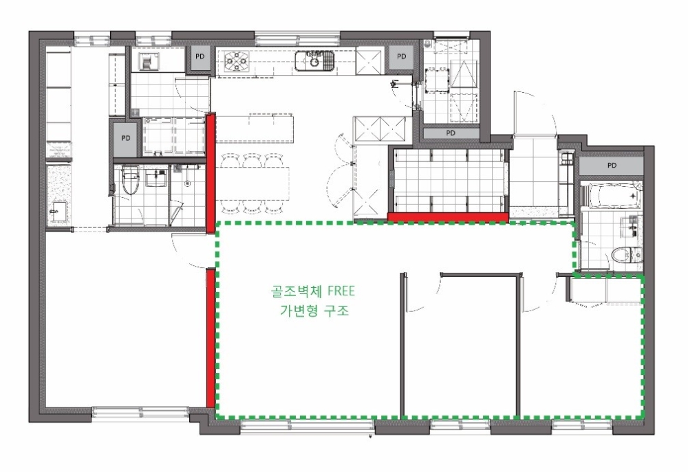 전용면적 84㎡ C2 HOUSE 평면 : 붉은색으로 표현된 3개의 내력 벽을 T자 형태로 배치하여 내부 평면을 다양하게 연출할 수 있다.