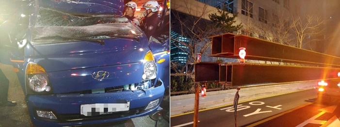 철제 H빔과 충돌한 포터차량.(사진제공=부산경찰청)