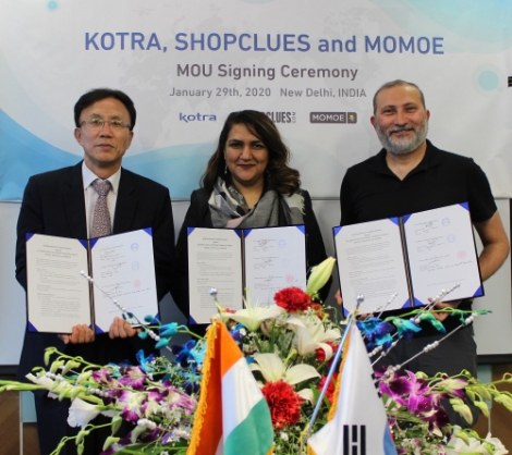 KOTRA가 지난 29일 인도 대형 온라인플랫폼 샵클루스, 물류업체 모모에와 3자 업무협약(MOU)을 체결했다. 사진=KOTRA