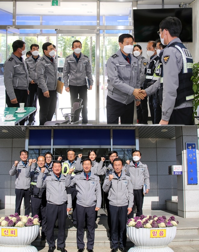 진정무 경남경찰청장이 치안현장을 방문해 현장상황을 점검하고 직원들을 격려하고 있다.(사진제공=경남경찰청)