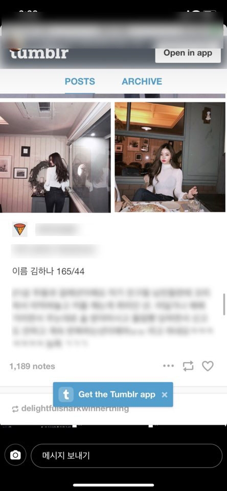 크리에이터 송지아 사진을 도용한 텀블러 게시물