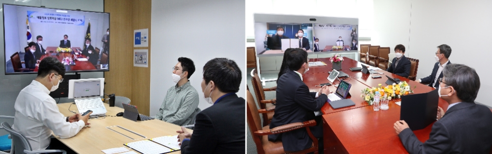스테이션3 한유순 대표, LH 서창원 주거복지본부장을 비롯한 관계자들이 온라인 협약을 체결하고 있다.