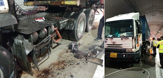 서구 천마산터널 내 트레일러 엔진부분 화재.(사진제공=부산경찰청)