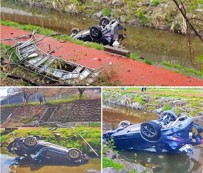 강서구 지사천으로 추락 전복사고 현장.(사진제공=부산경찰청)