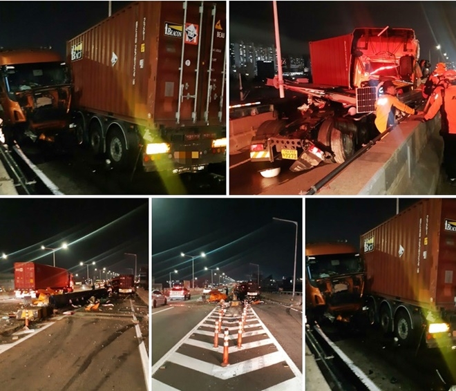 부산 동서로 학장램프 트레일러 단독사고 현장.(사진제공=부산경찰청)