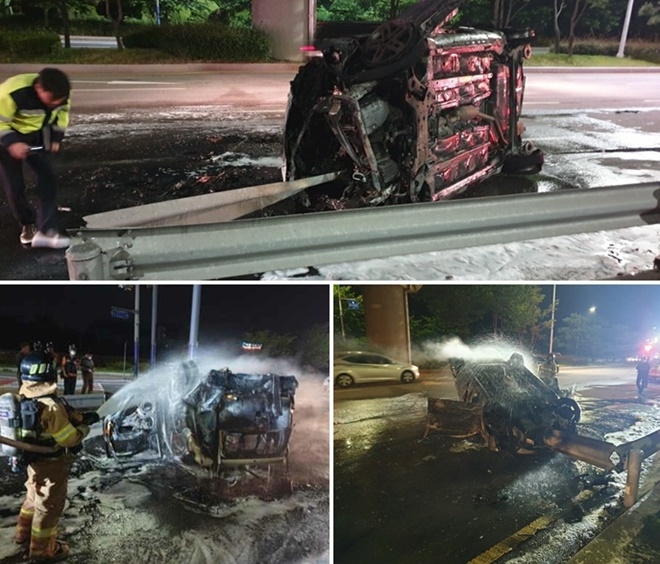 쏘울승용차가 가드레일을 충격 후 전복 돼 화재 발생.(사진제공=부산경찰청)