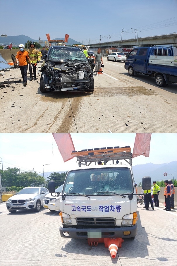 4일 오전 남해고속도로 김해 진례 졸음쉼터에서 작업차량을 추돌하고 공사안전원을 재차 충격한 사고. (사진제공=부산경찰청)