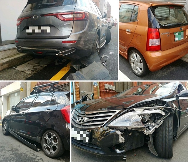 14일 오후 5시 10분경 음주운전 그랜저 차량이 주택가 골목 주차 차량 10여대 충격사고 현장.(사진제공=부산경찰청)