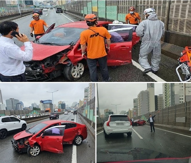 13일 이지환 순경 등이 동료결혼식 참석을 위해 가다 사고차량 운전자를 구조하고 있다.(사진제공=부산경찰청)